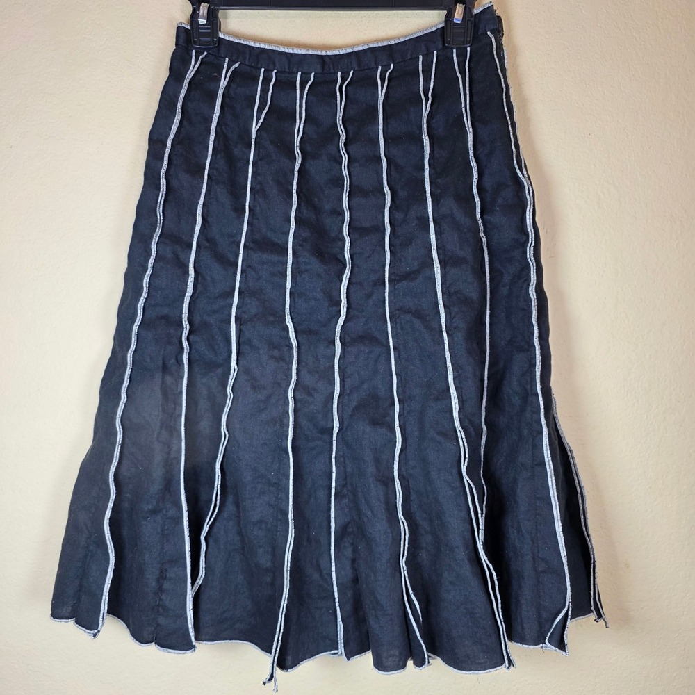 Carole Little Black Linen Midi Skirt whimsigoth Exposed Contrast Seam A-Line 4